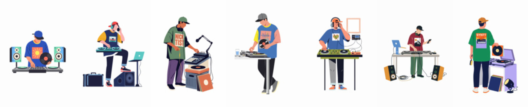 Set of Flat Vector Illustrations Featuring Diverse DJs Performing with Turntables, Mixers, Speakers, and Laptops on a White Background.