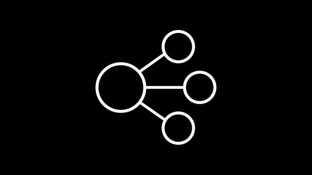 White network nodes animation, hub and spoke business structure icon on black background