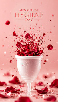 Menstrual cup overflowing with exploding red rose petals and glittering sparkles against a soft pink backdrop for menstrual hygiene day