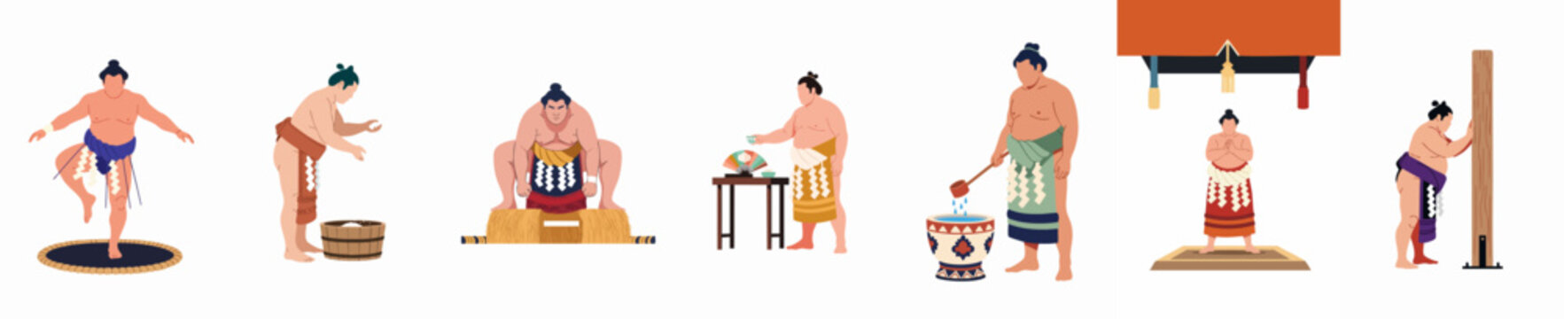 Set of flat vector illustrations depicting sumo wrestlers performing traditional rituals, training, and ceremonies in Japanese culture.