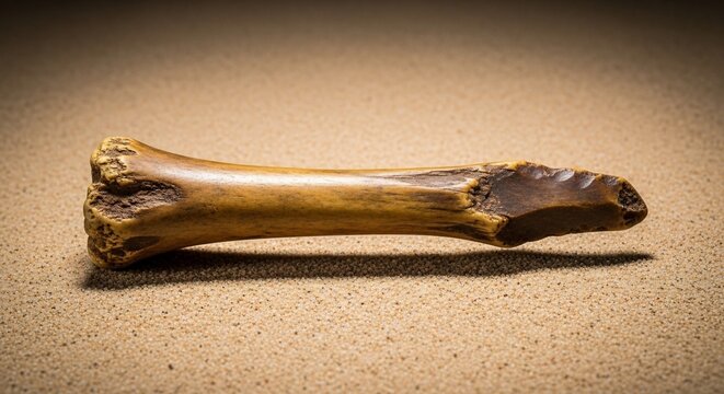 Ancient bone artifact isolated against textured background for archeology study