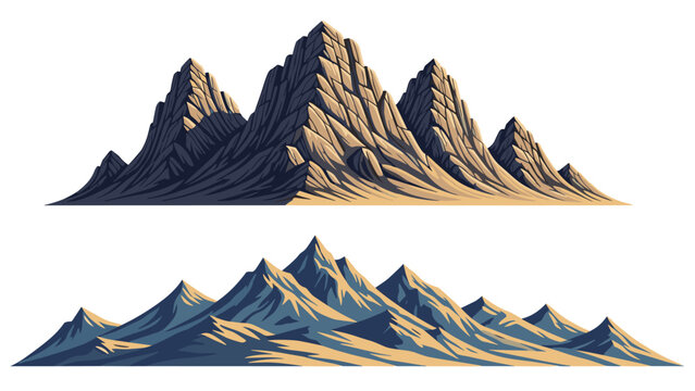 Two illustrations of rocky mountain ranges with peaks in different colors and lighting for landscape design.