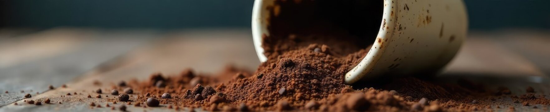 Close-up of a cracked, discarded ceramic mug, overflowing with dark, bitter coffee grounds, symbolizing a painful, abrupt end to a relationship or situation ,  close-up,  dark brown