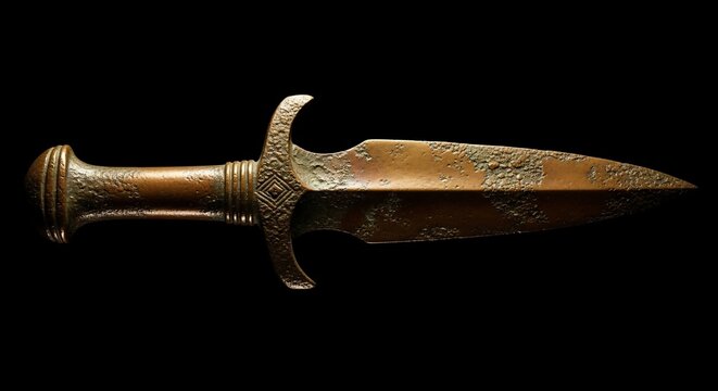 Ancient bronze dagger isolated against black background historic artifact