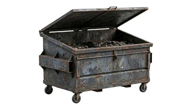 Old rusty metal dumpster for waste disposal with open lid showing dark debris isolated on transparent background.