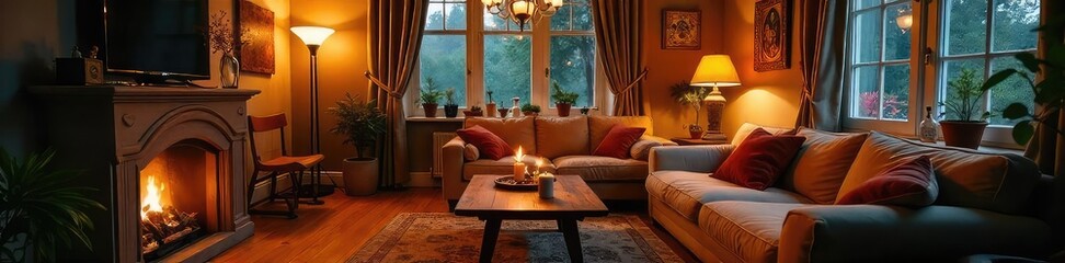 Fototapeta premium Warm, inviting glow illuminates a cozy interior scene, highlighting textures and details Perfect for home decor, lifestyle, and real estate projects , modern, rustic