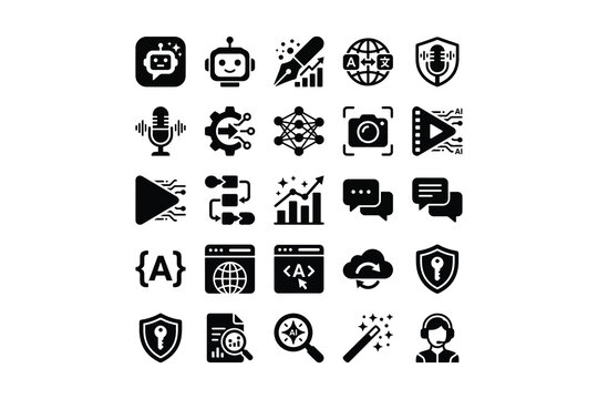 AI creative tools and code generation black solid glyph icon set, artificial intelligence design software symbols vector