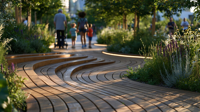 Intergenerational family of four generations exploring a universally designed public park, graduated ramps linking terraced garden levels, grandparent using a rollator alongside children, perfect fo
