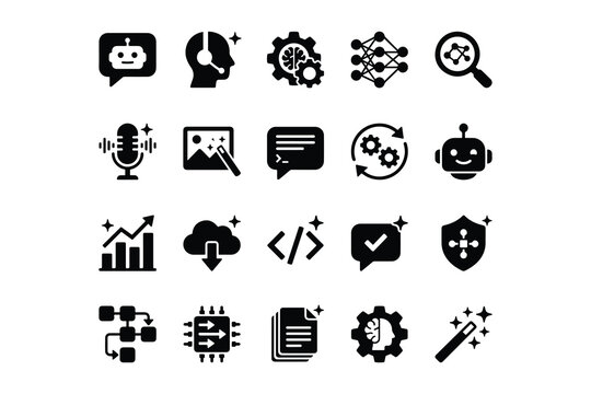 Artificial intelligence and chatbot black solid glyph icon set, ai tech support robot network symbols vector