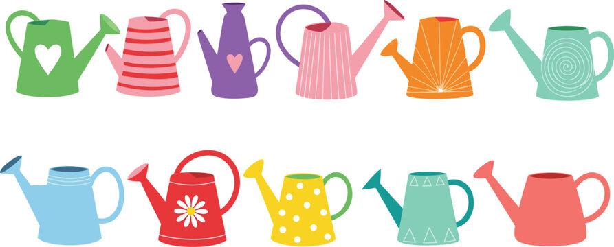 Colorful watering can vector illustration set featuring decorative garden watering cans and cute gardening equipment collection
