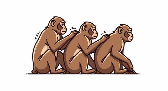 Three brown monkeys sit in a line, one grooming another's back