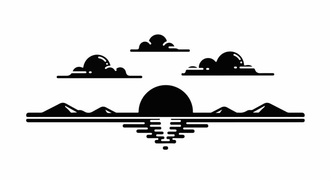 Stylized silhouette of a sunset over water with mountains and clouds