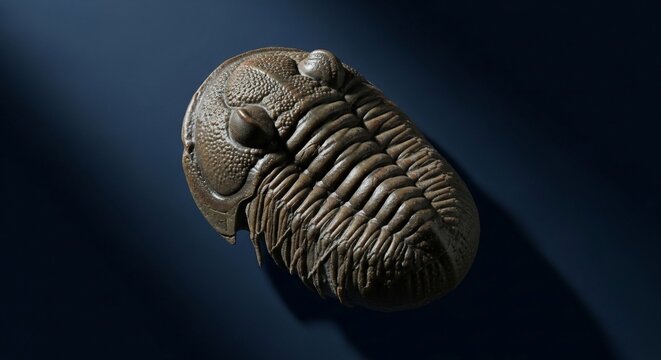 Close up of a fossilized trilobite with detailed textures on a dark background