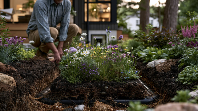 Passive house earth tube intake visible at garden level, buried pipe running to a mechanical room window, native wildflower planting above the underground duct, solitary homeowner inspecting the inl