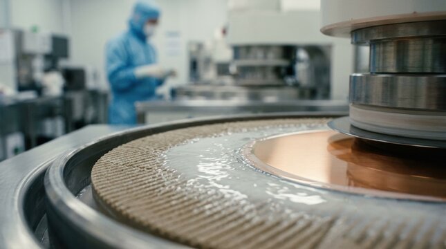 slurry and pad interaction detail highlights metal layer planarization for chip fabrication.