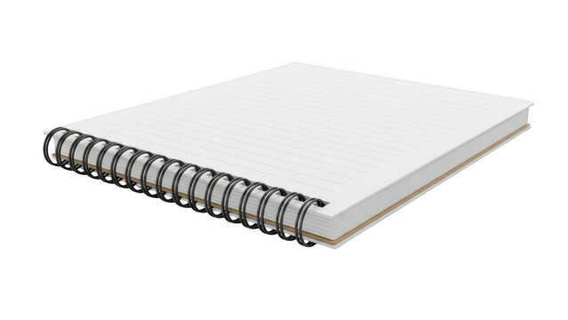 A blank white spiral notebook with a black metal wire binding lying flat on a simple desk surface area isolated on transparent background