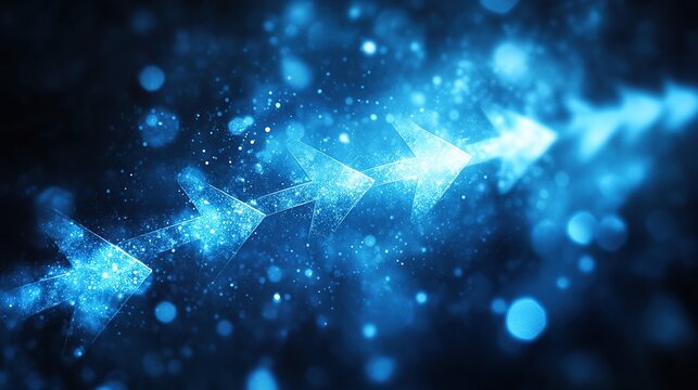 A luminous blue stream of geometric arrows and particles gliding through a neon digital void