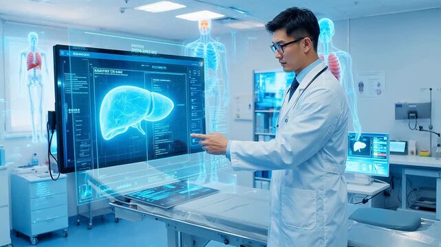 医師が現代医学と科学的発見を象徴するデジタル肝臓モデルと対話する様子