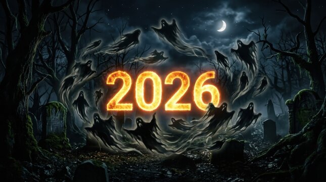 Orange 2026 inside swirling dark wraiths in spooky graveyard. Halloween concept.
