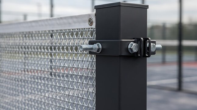 Close-up of a black metal post with a fence and bolts, outdoor setting.