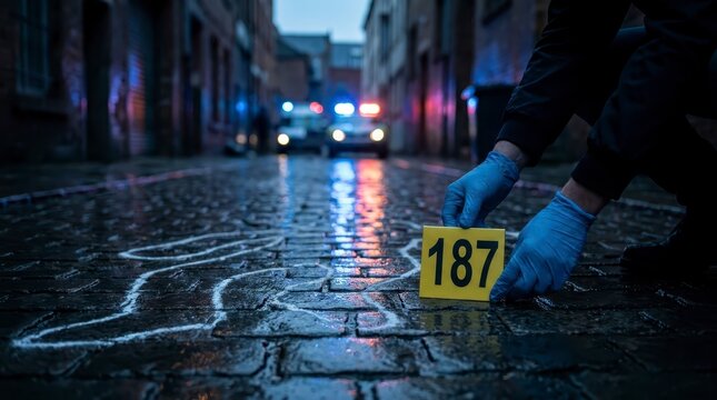 Forensic investigator at a crime scene with evidence marker
