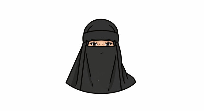 Stylized depiction of a person wearing a black niqab and hijab, showing only their eyes and mouth