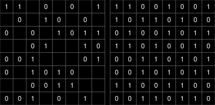 Binary puzzle series with 0 and 1 grids. Clean vector illustration for logic games, brain teasers, printable worksheets, and educational activity books