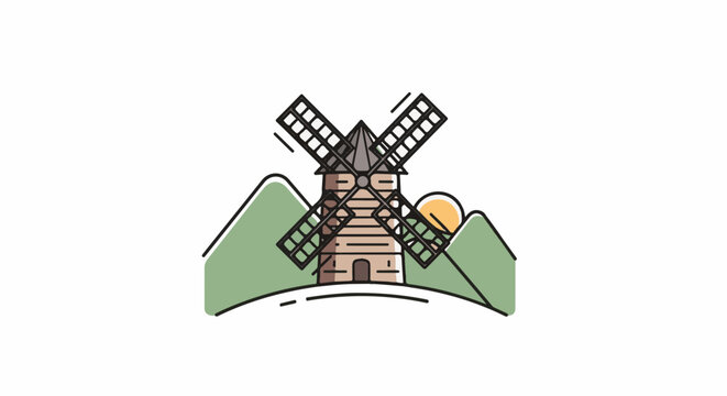 Stylized windmill with sails on a hill, surrounded by green mounds and a setting sun