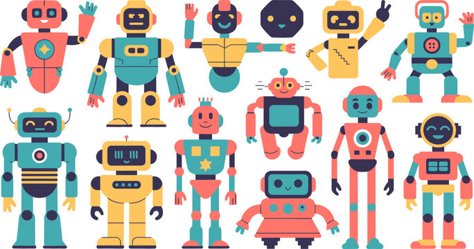Flat Vector Illustration Set of Cute Retro Robots and Friendly Android Characters for Science Technology Projects Kids Designs and Artificial Intelligence Concepts