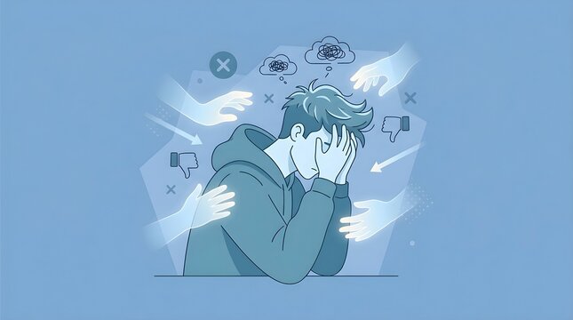Modern Digital Illustration of a Depressed Young Man Surrounded by Negative Feedback and Judgmental Hands