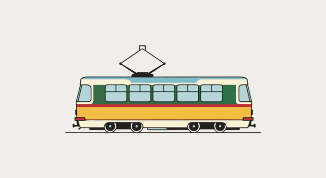 Stylized, colorful tram with pantograph on neutral background
