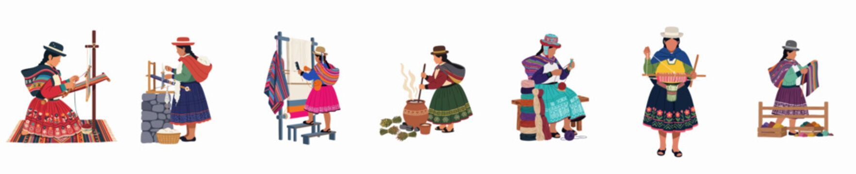 Vector illustrations of traditional Andean women practicing artisanal textile crafts including spinning, dyeing, and weaving on various types of looms.