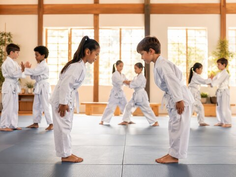 Children in white martial arts uniforms bow to each other in a dojo, practicing discipline and respect during a karate or judo class.