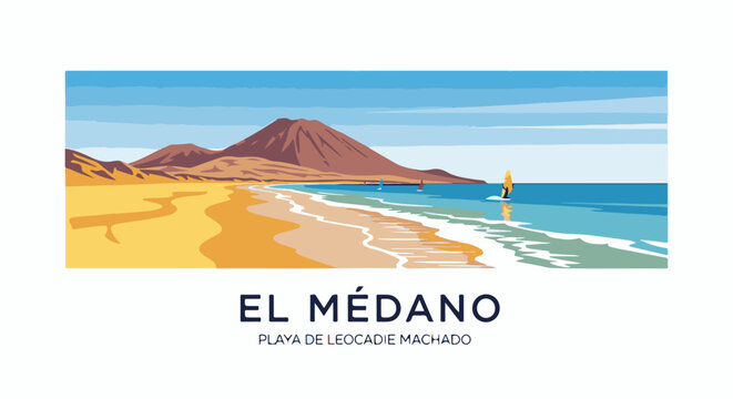 Stylized pixel art of a volcanic island beach with windsurfer and distant sailboats