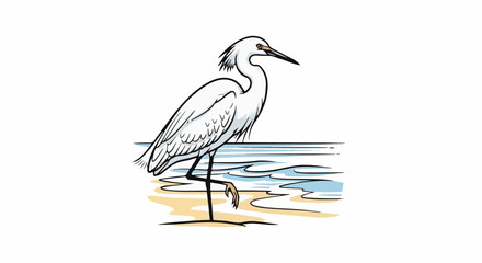 Fototapeta premium Stylized illustration of a white wading bird standing in shallow blue water and on a sandy shore