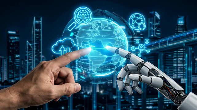 Human hand and robot finger pointing glowing digital globe with ai technology icons symbolizing smart search engine seo data cloud chatbot futuristic city night background showing geo data