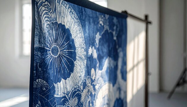 Indigo dyed noren fabric divider with traditional circular patterns hanging in studio setting