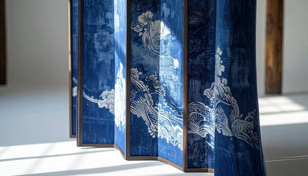 Indigo dyed fabric divider with traditional pattern hanging in soft natural light studio setting