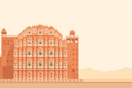 Hawa Mahal Jaipur Rajasthan minimal vector illustration, Indian palace facade
