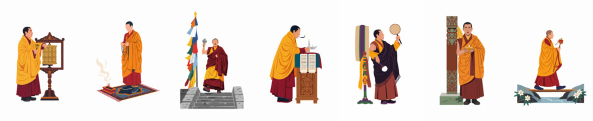 Flat illustration collection of Tibetan Buddhist monks in traditional robes performing various religious rituals, prayers, and spiritual activities, isolated on white background. © Nurul