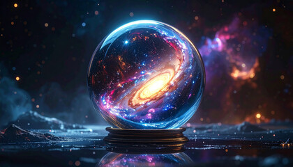 Cosmic orb reveals galaxy swirls and stellar nebulae against a dark backdrop
