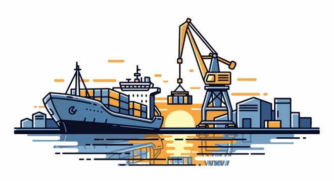 Stylized illustration of a cargo ship being loaded by a crane at a port during sunset