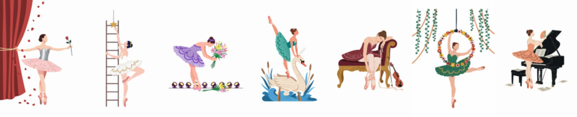 Collection of graceful ballerinas in various theatrical scenes, featuring stage performances, practice moments, and whimsical settings like swans and stars. © Nurul