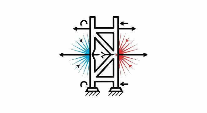Stylized illustration of a bridge-like structure with directional arrows indicating forces and energy