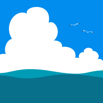海の中から空を見上げる構図のイラスト（青い空と白い入道雲・海とカモメのいる夏の風景）
