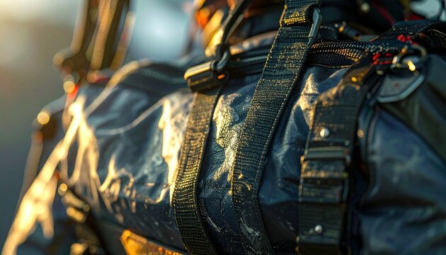 Close-up of parachute bridle attachment on black base jumping harness gear with golden light