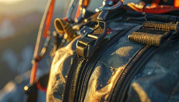 Close-up of parachute bridle and D-bag container on base jumping harness gear in outdoor sunlight