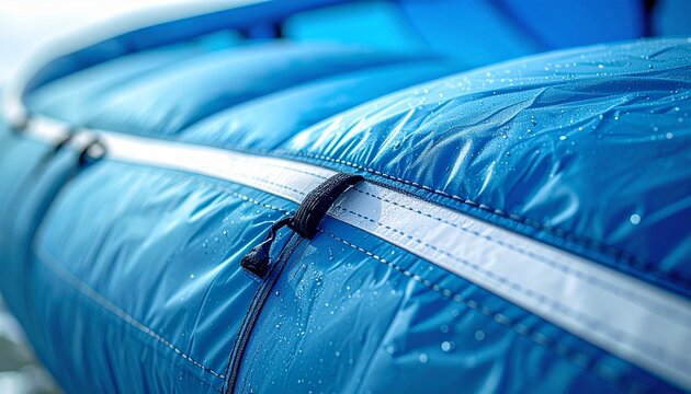 Close-up of blue kitesurfing kite inflatable strut with seam detail on leading edge