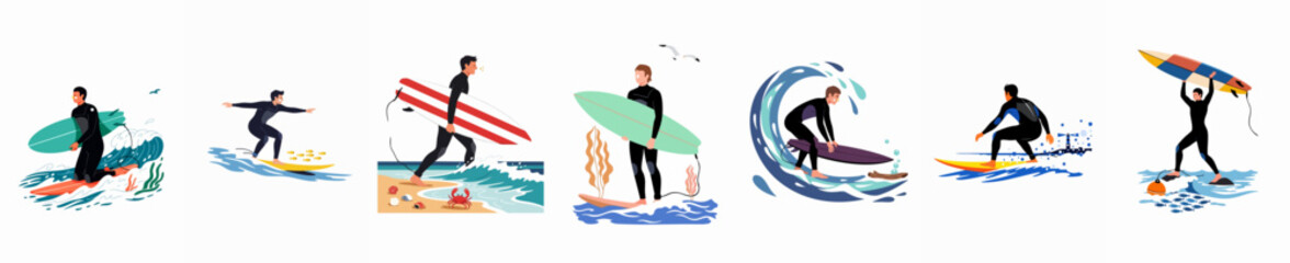 Collection of flat vector illustrations depicting male surfers in various poses, riding waves, walking on the beach, and carrying surfboards in the ocean. © Nurul