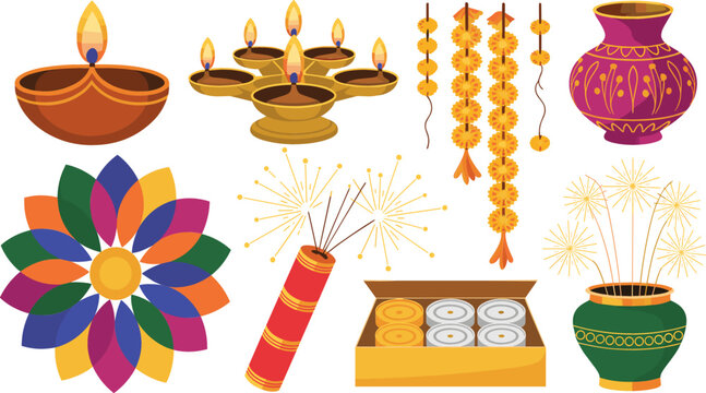 Flat Vector Illustration Set of Diwali Festival Elements with Diya Lamps Rangoli Garlands Sweets and Firecrackers for Deepavali Holiday Celebration Graphic Designs
